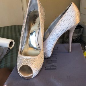 Open Toed Nude Sequined Pumps